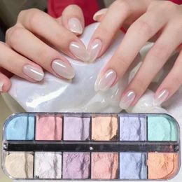 2024 12 Colours Aurora Powder Nail Glitter Pigment Mirror White Iridescent Fairy Fine Chrome Reflective Rubbing On Dust Manicure Decor - for
