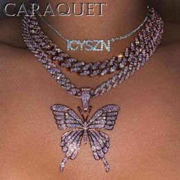 Pink Luxury Sparkle Full Crystal Butterfly Cuba Choker Necklace for Women Bling Multicolor Rhinestone Chunky Punk HipHop Jewelry6191526