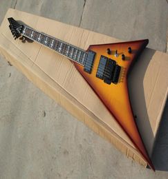Factory Custom Tobacco Sunburst Electric Guitar With V Shape BodyFloyd Rose BridgeBlack HardwareCan be customized8646079