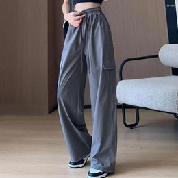 Women's Pants Women Cargo Wide Leg Straight Drawstring Elastic Waist Solid Colour Full Length Multi Pockets High Lady Long Trousers