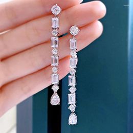Stud Earrings Luxury Geometric Water Drop Zircon Long Shiny Square Crystal Zirconia Charming Wedding Party Jewelry