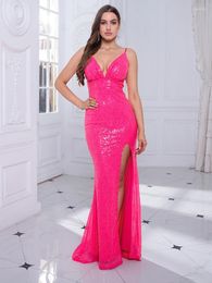 Casual Dresses Pink V Neck Pleated Padded Stretch Sequin Evening Night Party Dress High Split Backless Floor Length Gold Prom