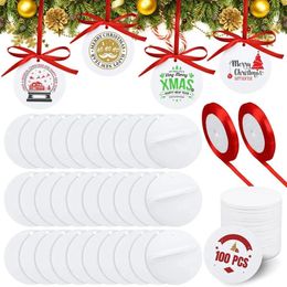 Party Supplies 100 Piece Christmas Acrylic Sublimation Ornament Blanks With Holes White Round Red Ribbon