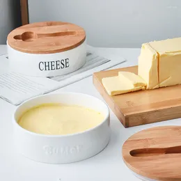 Plates Kitches Dishes Tableware Cheese Plate Ceramic Butter Storage Box Round Dish Container Knife With Wooden Lid French