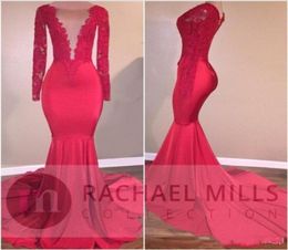 2K18 Red Mermaid Prom Dresses Evening Wear Lace Applique Sequin Celebrity Gowns Sweep Train Long Sleeves Party Dress Cheap3067656
