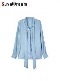 Women's Blouses SuyaDream Woman Solid Shirts 95%Silk 5%Spandex Bow Collar Light Blue 2024 Spring Summer Office Lady Top