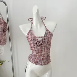 Women's Tanks Pink Plaid Small Fragrance Sling Top Women Summer Fashion Sweet Sexy Woven Blooming Flower Brooch Neck Lady Tweed Vest