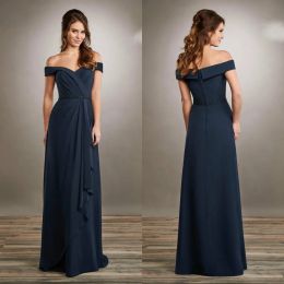 2024 Elegant Mother of the Bride Dresses Dark Blue Off Shoulder Lace Chiffon Evening Gowns Floor Length Plus Size Wedding Guest Dress