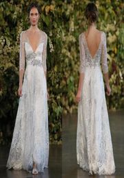 Vintage Silver Lace Wedding Dresses A Line Plunging Vneck Open Low Back Beaded Belt Sheer Long Sleeves Floor Length Cheap Bridal 6076208