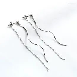 Stud Earrings 925 Sterling Silver With Elegant Wave Pattern And Trendy Tassel Chains