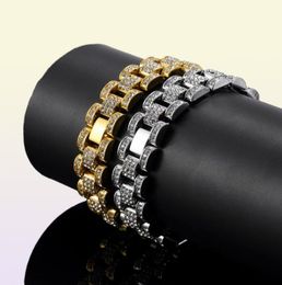 Bling Bling 15mm 21cm Gold Silver Hip Hop Mens Rhinestones Watchband Chain Bracelet Tank Bangle For Boys Rapper Rocker Punk Iced O9503179