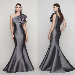 Elegant Long Satin Gray Evening Dresses with Bows Mermaid One Shoulder Zipper Back Robe De Soiree Watteau Train Formal Party Gowns With Pleats for Women