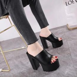 Slippers Super High Heel Sandals Female Fish Mouth Wear 2024 Thick Sole 16CM Black And White Dressing Room Flip-flops