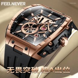 Wristwatches FEELNEVER Luxury Automatic Mens Watch Japan MIYOTA Movement 50M Waterproof Hollow Tonneau Wristwatch Mechanical For Men