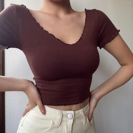 Women's T Shirts Retro Deep V-neck Midriff-Baring Cute Thin Top T-shirt With Short Sleeves