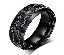 2018 New Fashion Men039s Ring Black Crystal Ring Titanium Steel FullDrill Double Row Circle Diamond Wedding Ring8893409