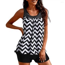 Women's Swimwear No Steel Support Swimsuit Stylish Tankini Set With Padded O-neck Top Mid-rise Trunks Quick Drying For Summer