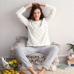 Home Clothing 2piece 2024 Autumn Winter Women Ladies Fleece Warm Soft Flannel Heart Printed Pajamas Suit Female Casual Clothes