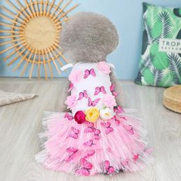 Dog Apparel Lace Chiffon Dress Summer Pet Clothes Small Flower Butterfly Design Party Birthday Wedding Costume Cat