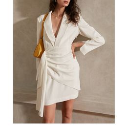 F070 Elegant Party Blazer Dresses Women Spring Shawl Collar Slit Sleeve Sexy Ladies Asymmetry Minidress White
