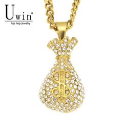 UWIN Stainless Steel Dollar Sign Purse Gold Coins Money Bag Pendant With Rhinestone Charms Iced Out Necklace Hip Hop 2010149517327