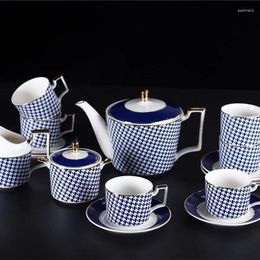 Teaware Sets Blue Swallow Gird Houndstooth Bone China Teapot Set Ceramic 15pcs Coffeeware With Saucer Milk Pot Giftbox