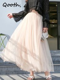 Qooth 3 Layers Mesh Long Tulle Skirt Elastic Waist Elegant High Ball Gown Gauze Tutu For Spring Autumn QT2001 240408