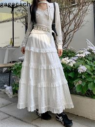 Skirts Gagarich Sweet Moonlight Girl White Lace Splice Design Feeling Straight Umbrella Skirt Fairy Half Body Cake Long