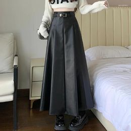 Skirts Classic Black Faux PU Leather Long With Belted 2024 High Waist Umbrella Ladies Female Autumn Winter