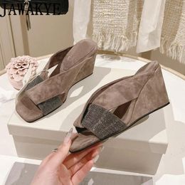 Slippers Summer Ladies Wedge Genuine Leather Kid Suede Women Sandals Comfort High Heel Shoes Dress Slides Crystal Mules