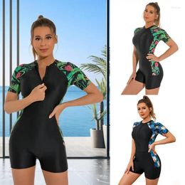 Women's Swimwear Sports Swimsuit Women Athletic Short Sleeved Boyleg Bathing Suit Printed Front Zipper For Swimming Diving Paddle