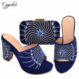 Dress Shoes Blue Woman Plartform And Bag African Ladies Summer Slippers Match With Handbag Set Purse High Heels Pantoufle Femme CR500