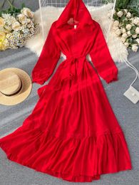 Casual Dresses Red Hooded Long Dress Women Elegant Ruffled Chiffon Beach Spring Autumn Slim A-line Solid Robe Vestidos