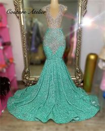 Party Dresses Mint Green Sequin Silver Crystal Rhinestones Prom 2024 Luxury Gowns Black Girs Mermaid See Thru Formal Occasion Dress