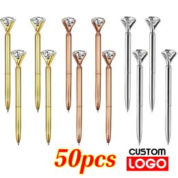 Pens 50 Pcs Big Crystal Diamond Metal Ballpoint Pen Ring Wedding Office Gift Roller Ball Rose Gold Free Custom Logo Black Blue Ink