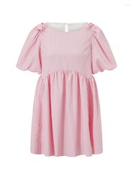 Casual Dresses Women's Summer Party Pink Short Puff Sleeve Crewneck Bow Decor Striped Babydoll