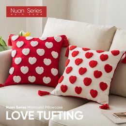 Pillow 1PC 45x45 Tufted Cotton Cover Red And White Heart Pattern Sofa Living Room Pillowcase For Home Decor Nuan Series