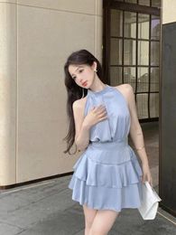 Work Dresses French Elegant Matching Sets Halter Sleeveless Tops High Waist Ruffles Stitching Mini Skirt Summer Fashion 2 Piece Skirts Suits