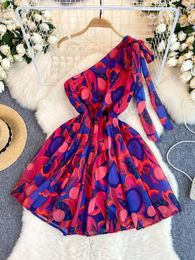 Casual Dresses Foamlina Women Summer Sexy Bow One Shoulder Floral Print Dress Diagonal Collar Sleeveless Elastic Waist Slim A Line Mini