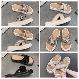 New Thick soled cross strap cool slippers women white Exquisite sequin sponge cake sole one line trendy slippers