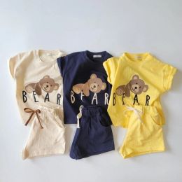 Shorts 2023 Summer New Baby Girl Clothes Set Toddler Boys Cute Cartoon Bear Pattern Short Sleeve Tshirt + Solid Shorts 2pcs Suit