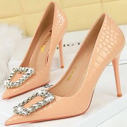 Women 10cm High Heels Black Nude Elegant Pumps Lady Pointed Toe Serpentine Leather Stiletto Heels Shallow Crystal Buckle Shoes