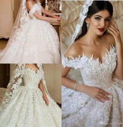 Luxury Crystals Lace Ball Gown Wedding Dresses Dubai Off Shoulder Puffy Bridal Gown Vestido de novia Sweep Train Custom Made Weddi3916646