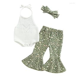 Clothing Sets 3Pcs Baby Girl Summer Outfits Halter Knit Romper Floral Flare Pants Headband Set Infant Clothes