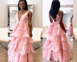 Charming VNeck ALine Pink Lace Layers Skirt Long Prom Dress Open Back Sexy Girls Occasion Party Dress3163618