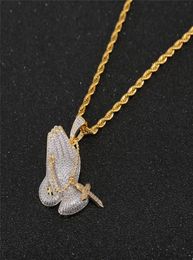 Iced Out Praying Hand Pendant Necklace With Mens/Women Gold Silver Color Hip Hop Charm Jewelry Necklace Chain For Gifts4234581