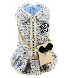 Handmade Tweed Dog Apparel Clothes Pet Coat Couples Dress Vest Outfit Snow Sky Blue Pearls Skirt Chain Bag Accessories9712151