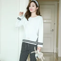 Home Clothing Striped Pyjama Set Autumn Spring Long Sleeve Woman Suits Round Neck Elastic Waist Lounge Homewear Black And White Pyjamas