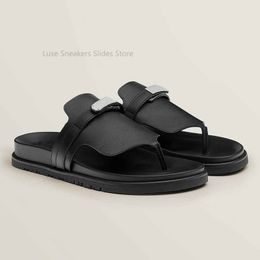 Summer Walk Slipper Slides top quality Slip On Genuine Leather casual men black mules outdoor beach Flip Flops women sandal Luxury Designer factory footwear with box