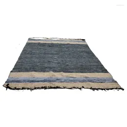 Carpets Rug 8' X 10' Loose Threads Rugs 70% Leather 25% Jute And 10% Cotton BLUE / NATURAL Carpet